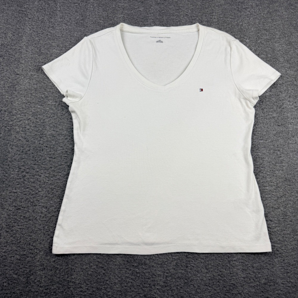 Tommy Hilfiger Women's Large White V-Neck Short‎ Sleeve Cotton T-Shirt